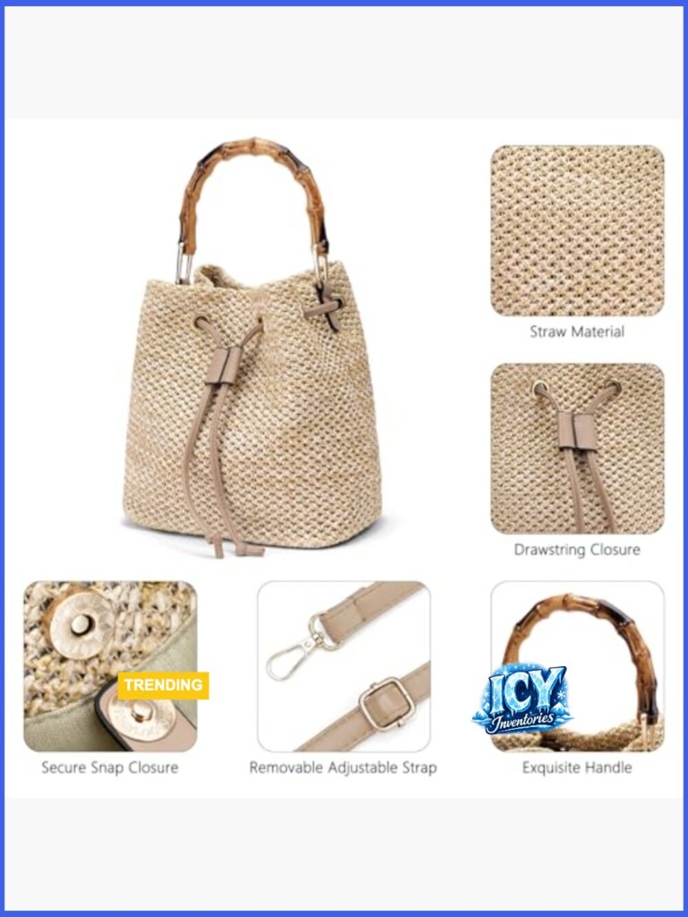 Straw Bucket Bag Woven Crossbody Shoulder Purse Drawstring Handbag Summer Beach - Picture 5 of 6